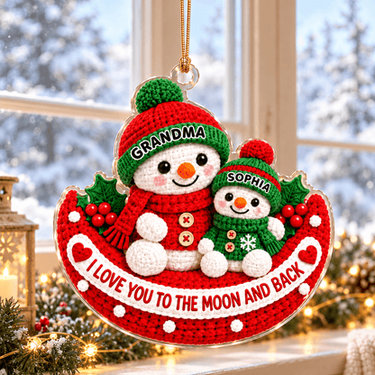 Personalized Crochet-Style Snowman Acrylic Ornament, Grandma & Grandkid Christmas Gift, Love You to the Moon and Back