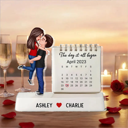 Personalized Shaped Acrylic Block Plaque Couple Hugging Kissing Calendar Keepsake, The Day It All Began, Unique Gift for Him or Her