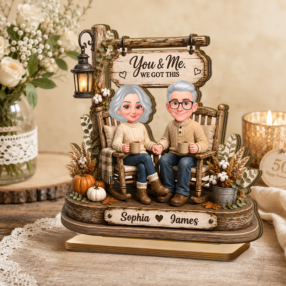 Personalized 2-Layer Wooden Plaque, Couple Holding Hands in Rocking Chairs, Unique Anniversary Gift