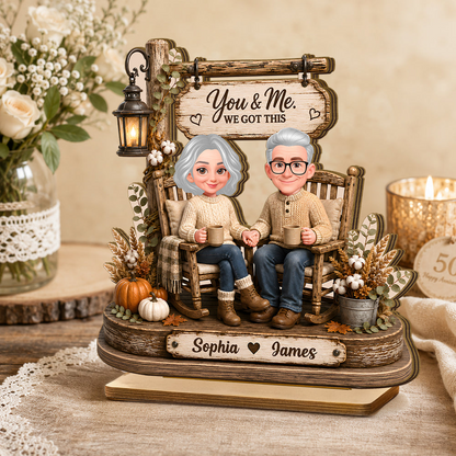 Personalized 2-Layer Wooden Plaque, Couple Holding Hands in Rocking Chairs, Unique Anniversary Gift