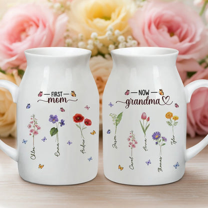 Personalized Handled Vase First Mom Now Grandma Floral Butterfly Design - Unique Gift for Mom or Grandma with Heartfelt Message