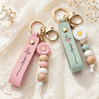 Personalized Birth Flower Wristlet Keychain with Custom Name, Unique Birthday Gift for Her