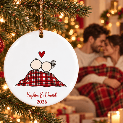 Personalized Ceramic Ornament, Cute Couple Holding Hands by a Christmas Tree, Unique Gift for Partners