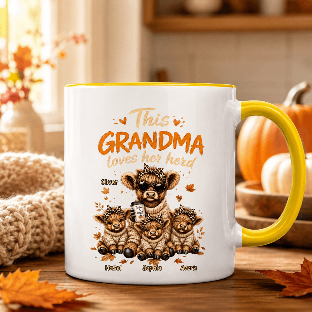 This Grandma Loves Her Herd Two-Tone Mug with Coffee-Holding Cow, Personalized Creative Gift for Grandma