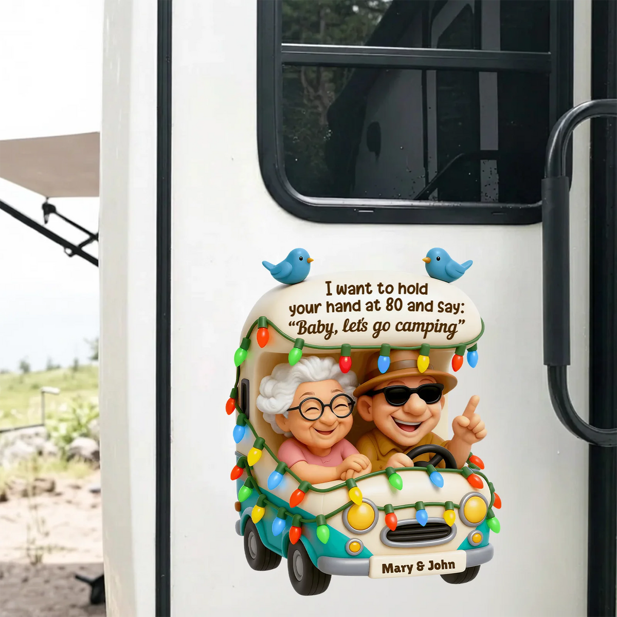 Personalized Sticker Decal, Colorful Cartoon Camping Couple in Camper, Unique Creative Gift for Husband and Wife