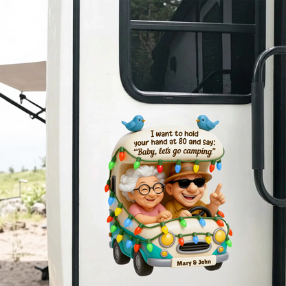 Personalized Sticker Decal, Colorful Cartoon Camping Couple in Camper, Unique Creative Gift for Husband and Wife
