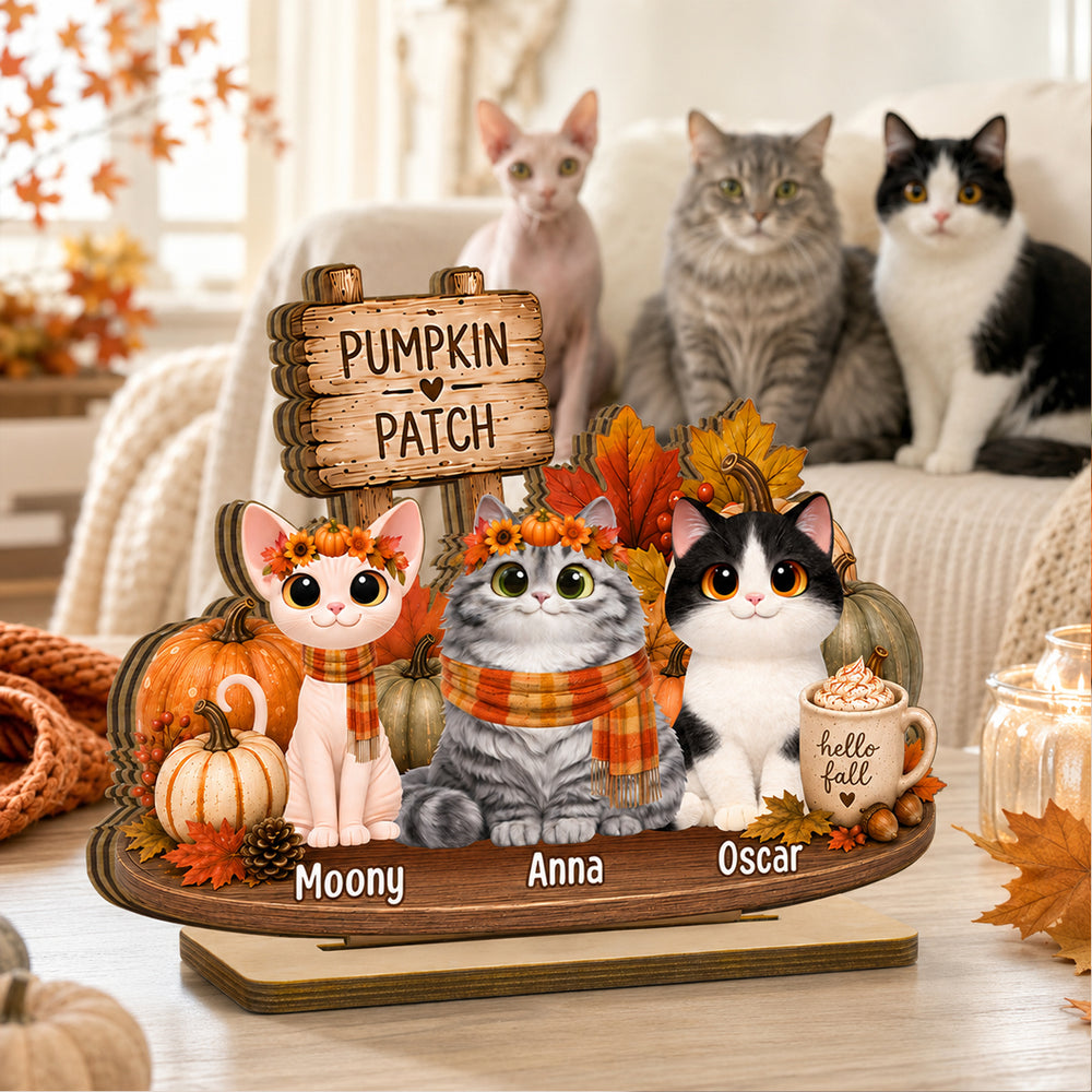 Personalized 2-Layer Wooden Plaque, Sitting Cat in Pumpkin Patch, Unique Fall Gift for Cat Lovers