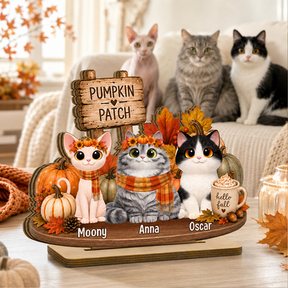 Personalized 2-Layer Wooden Plaque, Sitting Cat in Pumpkin Patch, Unique Fall Gift for Cat Lovers