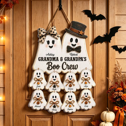 Personalized Wooden Sign with Cute Ghost Family, Rustic Halloween Door Decor, Unique Gift for Grandparents
