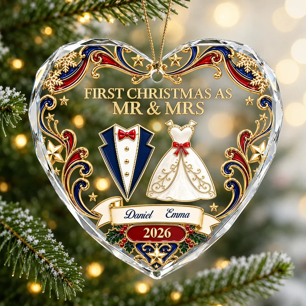 Crystal Heart Ornament with Wedding Attire, Personalized Mr & Mrs Keepsake, Creative Gift for Couples