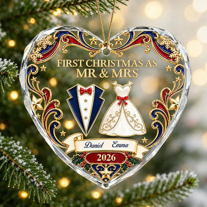 Crystal Heart Ornament with Wedding Attire, Personalized Mr & Mrs Keepsake, Creative Gift for Couples