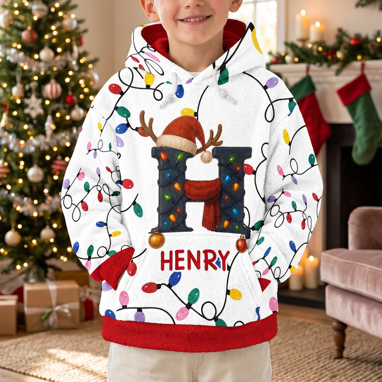 Personalized Family Initial Printed Hoodie, Colorful Lights and Reindeer Accents, Creative Gift for Family Memories