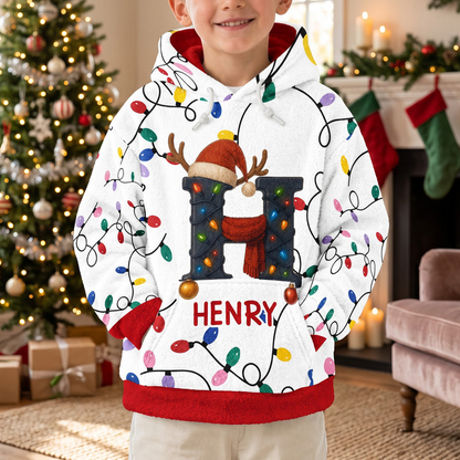 Personalized Family Initial Printed Hoodie, Colorful Lights and Reindeer Accents, Creative Gift for Family Memories