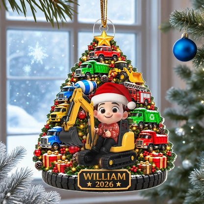 Personalized Acrylic Ornament, Construction Truck Christmas Tree with Boy Driver, Unique Holiday Gift for Son