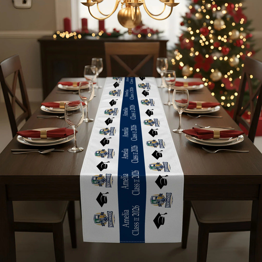 Custom Graduation Table Runner With Cap Icons and Bold Blue Layout, Gr ...