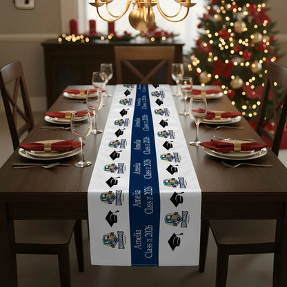 Custom Graduation Table Runner With Cap Icons and Bold Blue Layout, Graduation Party Centerpiece, Creative Gift