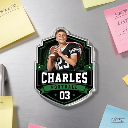 Personalized Acrylic Fridge Magnet, Athlete Posing with Sports Gear, Unique Gift for Players & Families