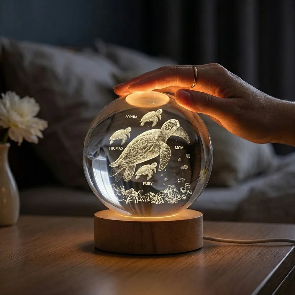 Sea Turtle Family Globe Lamp Night Light, Personalized Keepsake Gift for Mom, Soft Warm Light for Cozy Bedside Moments