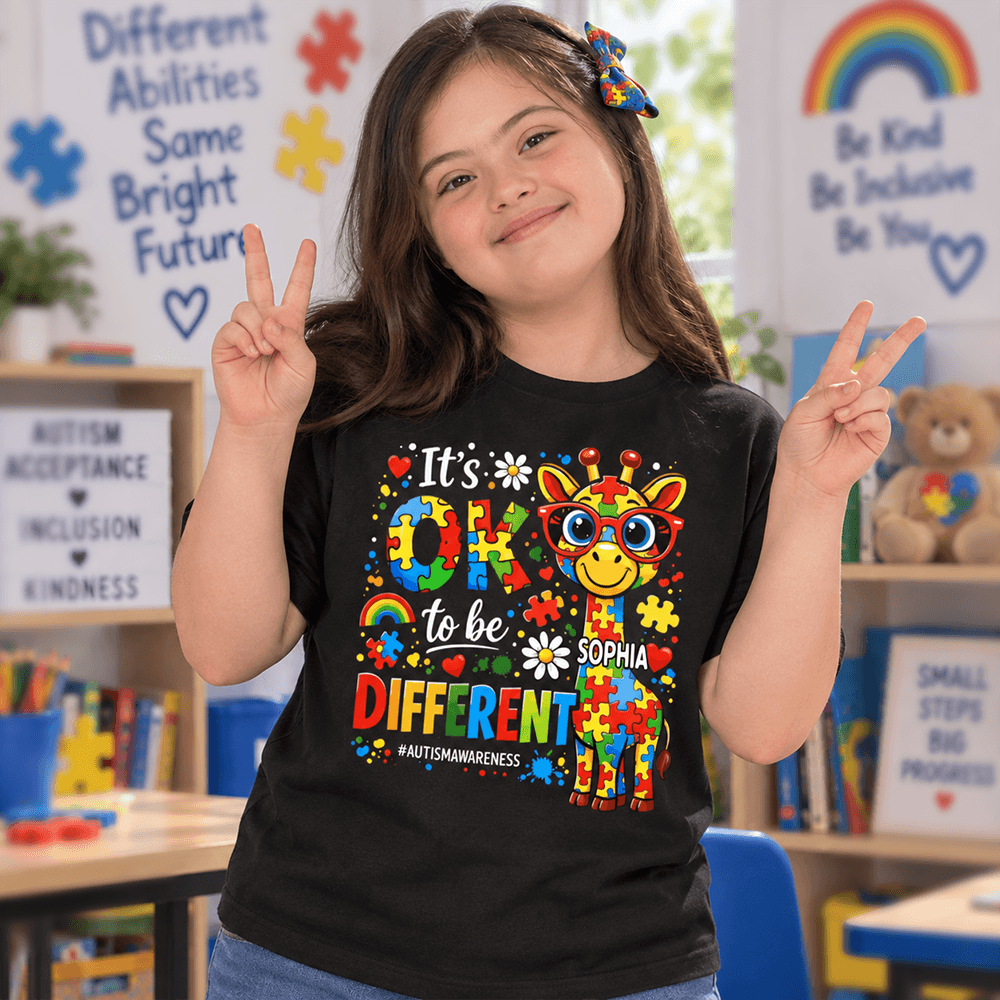 Personalized Autism Awareness Giraffe Shirt, It’s OK to Be Different, Custom Name Gift for Kids & Family