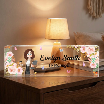 Personalized Rectangle Acrylic Block Plaque for Office Desk Decor – Custom Name Plate with Floral Art, Unique Gift for Coworkers & Boss
