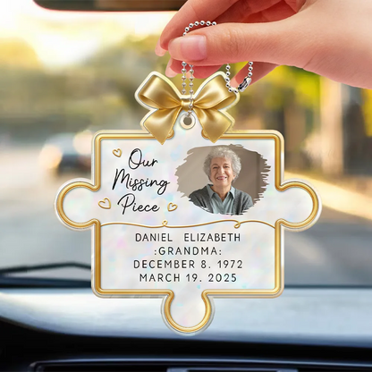Personalized Acrylic Car Hanger Memorial Puzzle Piece with Photo, Bow & Hearts, Unique Sympathy Gift for Mom
