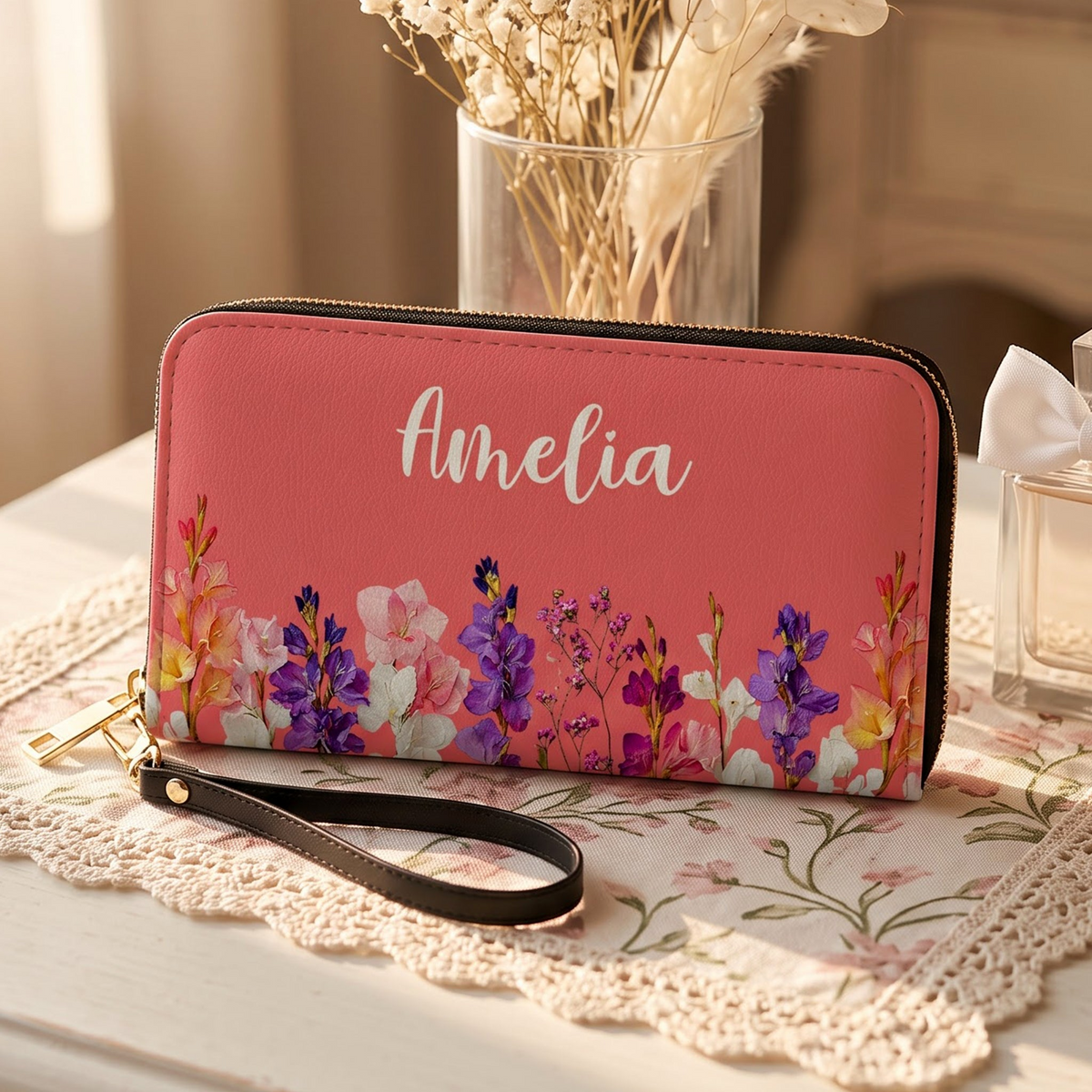Personalized Leather Long Wallet with Birth Flower Design, Unique Gift for Mom, Grandma & Sister