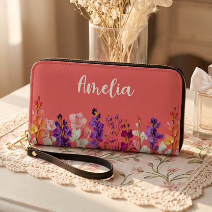 Personalized Leather Long Wallet with Birth Flower Design, Unique Gift for Mom, Grandma & Sister