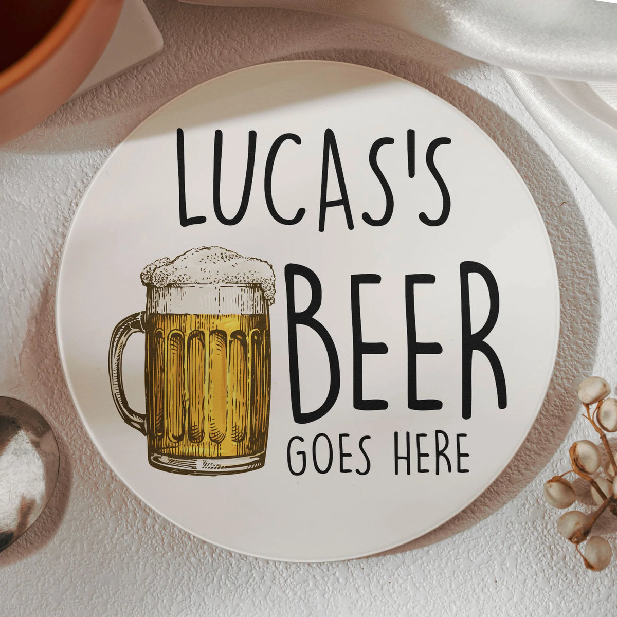 Personalized Round Ceramic Coaster with Custom Drink Text and Cocktail Illustration, Funny Bar Cart Decor, Unique Gift for Him or Her