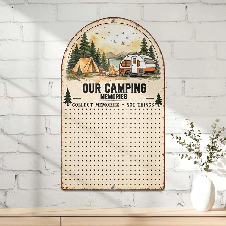 Personalized Shaped Metal Sign, Our Camping Memories with Camper and Campfire, Creative Gift for Couples