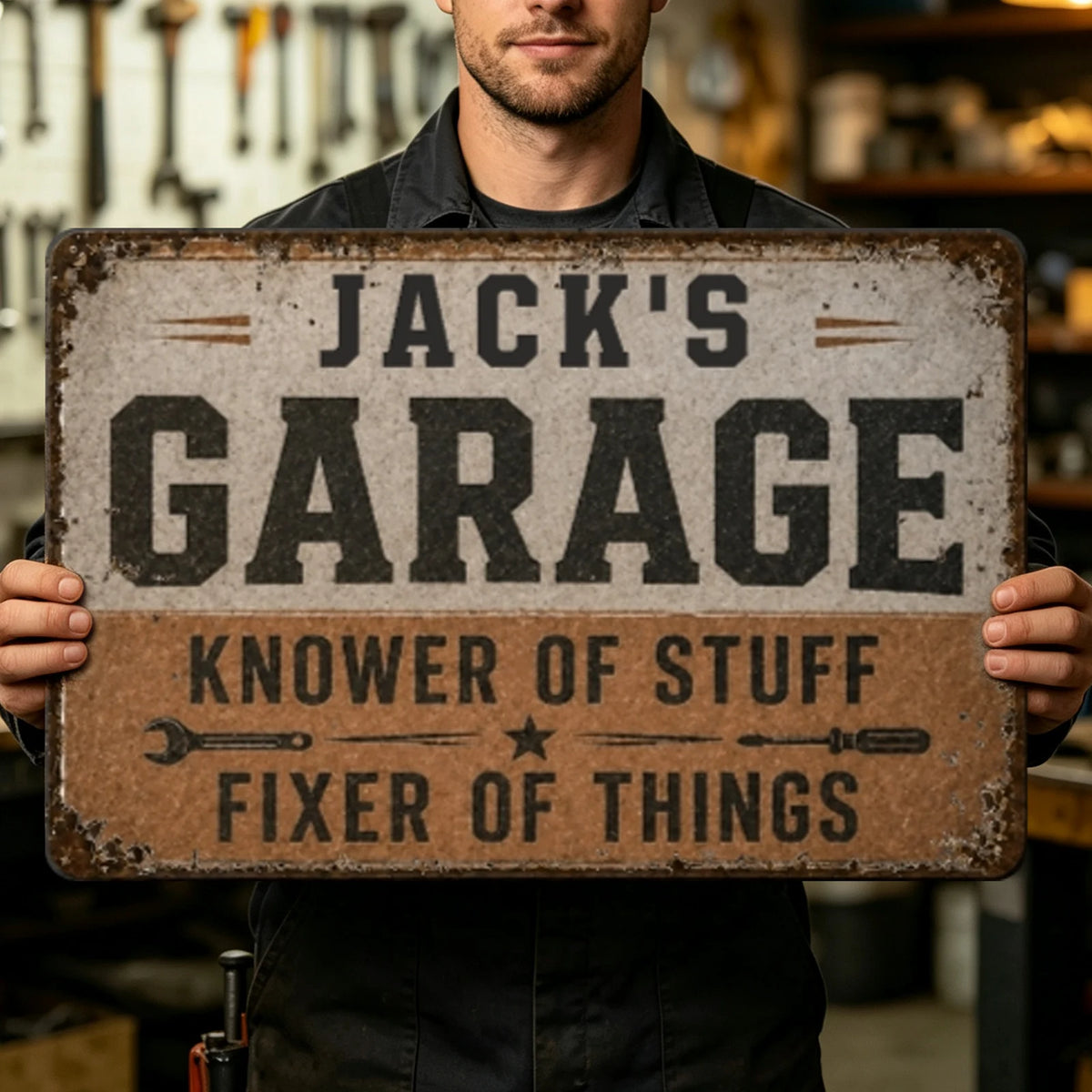 Personalized Vintage Industrial Garage Sign, Rustic Distressed Iron Workshop Decor, Custom Name Gift for Him