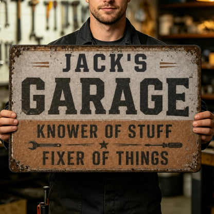 Personalized Vintage Industrial Garage Sign, Rustic Distressed Iron Workshop Decor, Custom Name Gift for Him