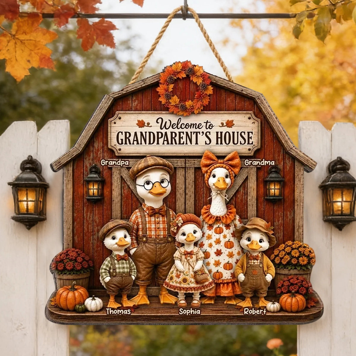 Personalized Wooden Sign, Rustic Autumn Goose Family at Grandparents' House, Unique Gift for Grandma & Grandpa