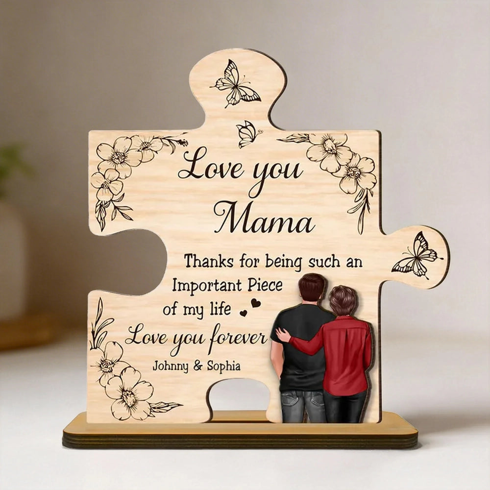 2-Layer Wooden Plaque Puzzle Piece Gift for Mom, Love You Mama Design, Warm Floral Butterfly Decor, Unique Thank You Gift