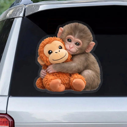 Personalized Baby Monkey Hugging Plush Sticker Decal for Car Window or Locker, Cute Unique Gift for Kids & Grandson