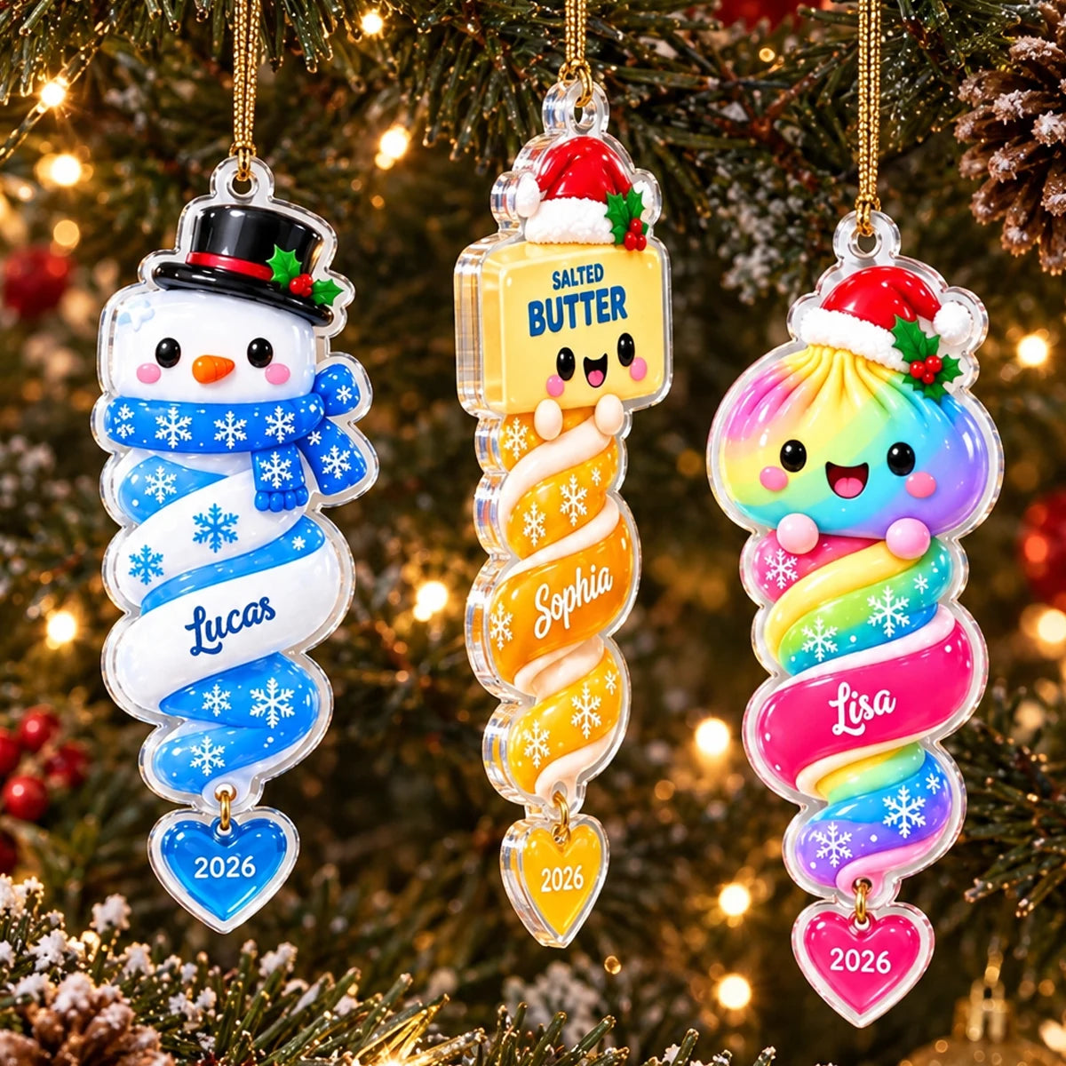 Personalized Cute Cartoon Christmas Acrylic Ornament with Custom Name & Year, Colorful Holiday Tree Decoration