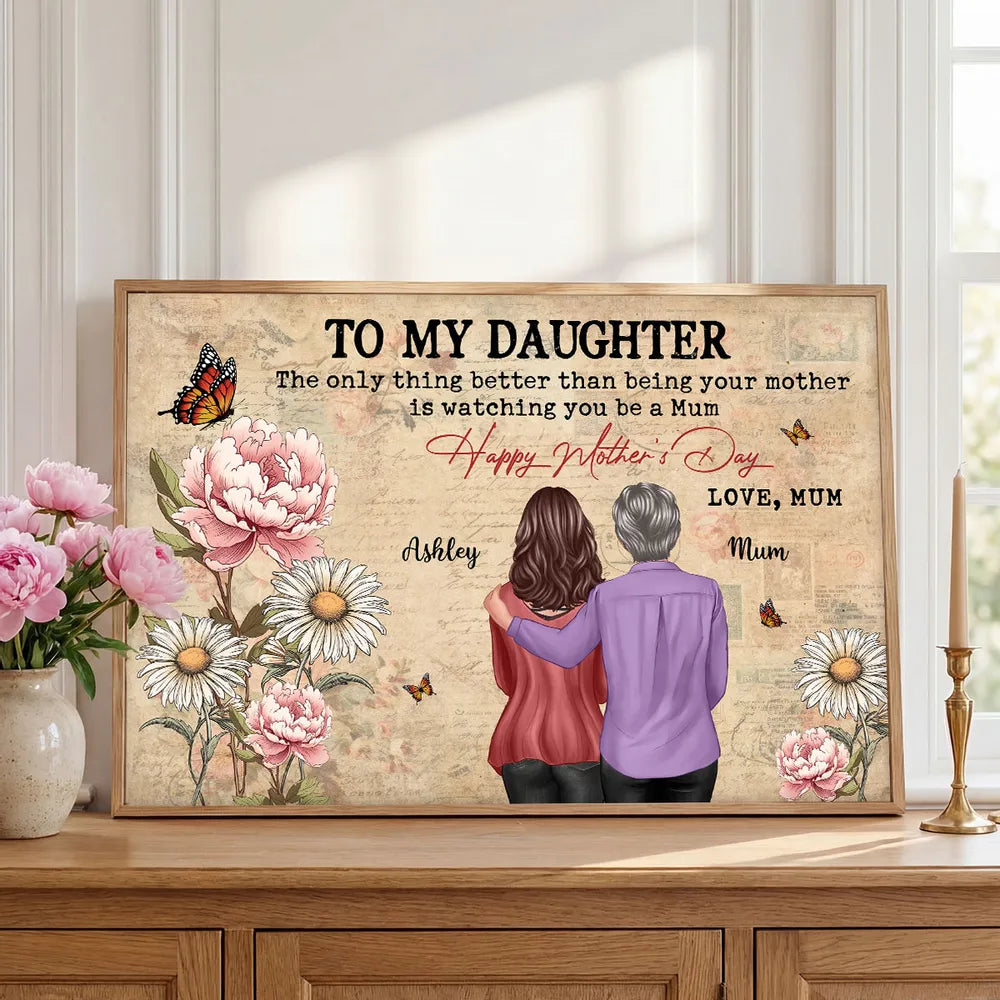 Personalized Mother's Day Floral Poster, Mom and Daughter Hugging Back View, Vintage Look, Unique Gift for Mom