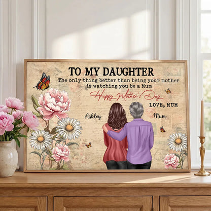 Personalized Mother's Day Floral Poster, Mom and Daughter Hugging Back View, Vintage Look, Unique Gift for Mom