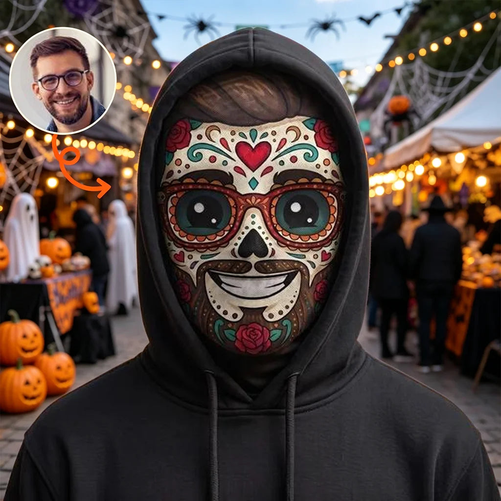 Personalized Mesh Print Balaclava Hat, Smiling Floral Sugar Skull, Creative Mexican Day of the Dead Gift for Him