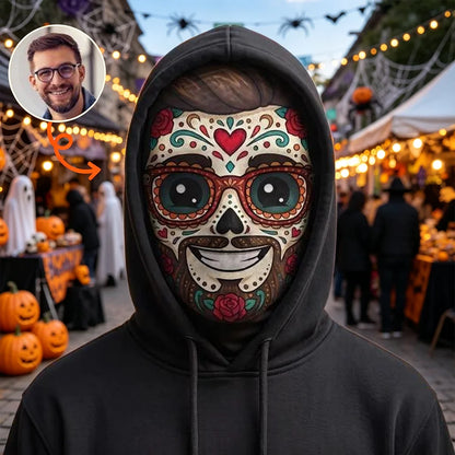 Personalized Mesh Print Balaclava Hat, Smiling Floral Sugar Skull, Creative Mexican Day of the Dead Gift for Him