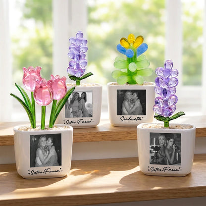 Personalized Photo Flower Planter with Glass Blooms, Custom Best Friend or Sister Gift, Friendship Keepsake