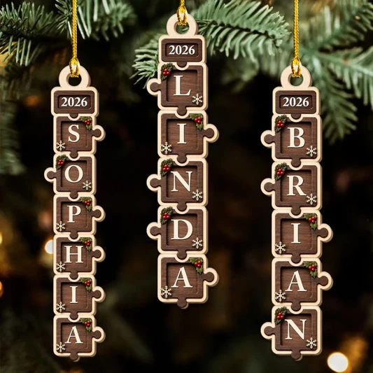 Personalized Wooden Ornament, Rustic Stacked Letter Design for Christmas Tree Decor, Unique Family Gift