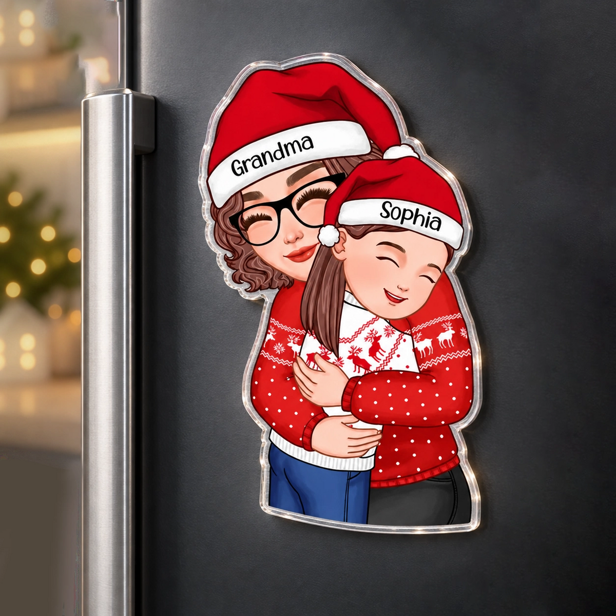 Personalized Grandma & Granddaughter Christmas Acrylic Magnet, Custom Name Hugging Gift for Grandma