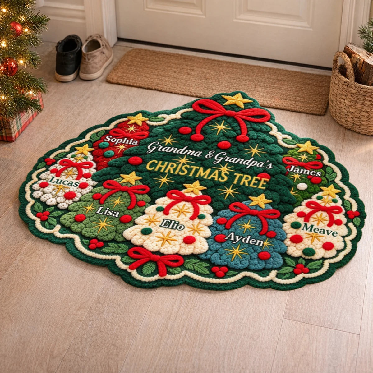 Personalized Festive Christmas Tree Shaped Doormat with Family Names, Colorful Holiday Decor, Gift for Grandparents