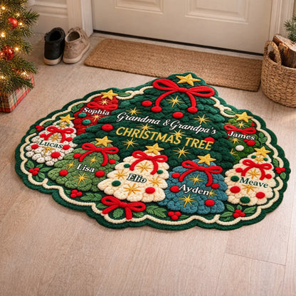 Personalized Festive Christmas Tree Shaped Doormat with Family Names, Colorful Holiday Decor, Gift for Grandparents
