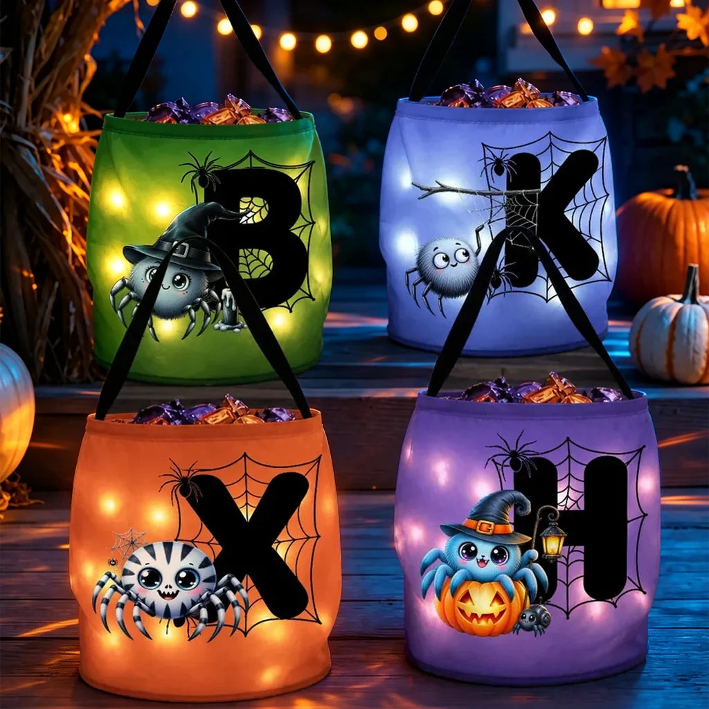 Personalized LED Light Up Fabric Basket, Cute Witch Spider and Web Halloween Design, Unique Gift for Kids