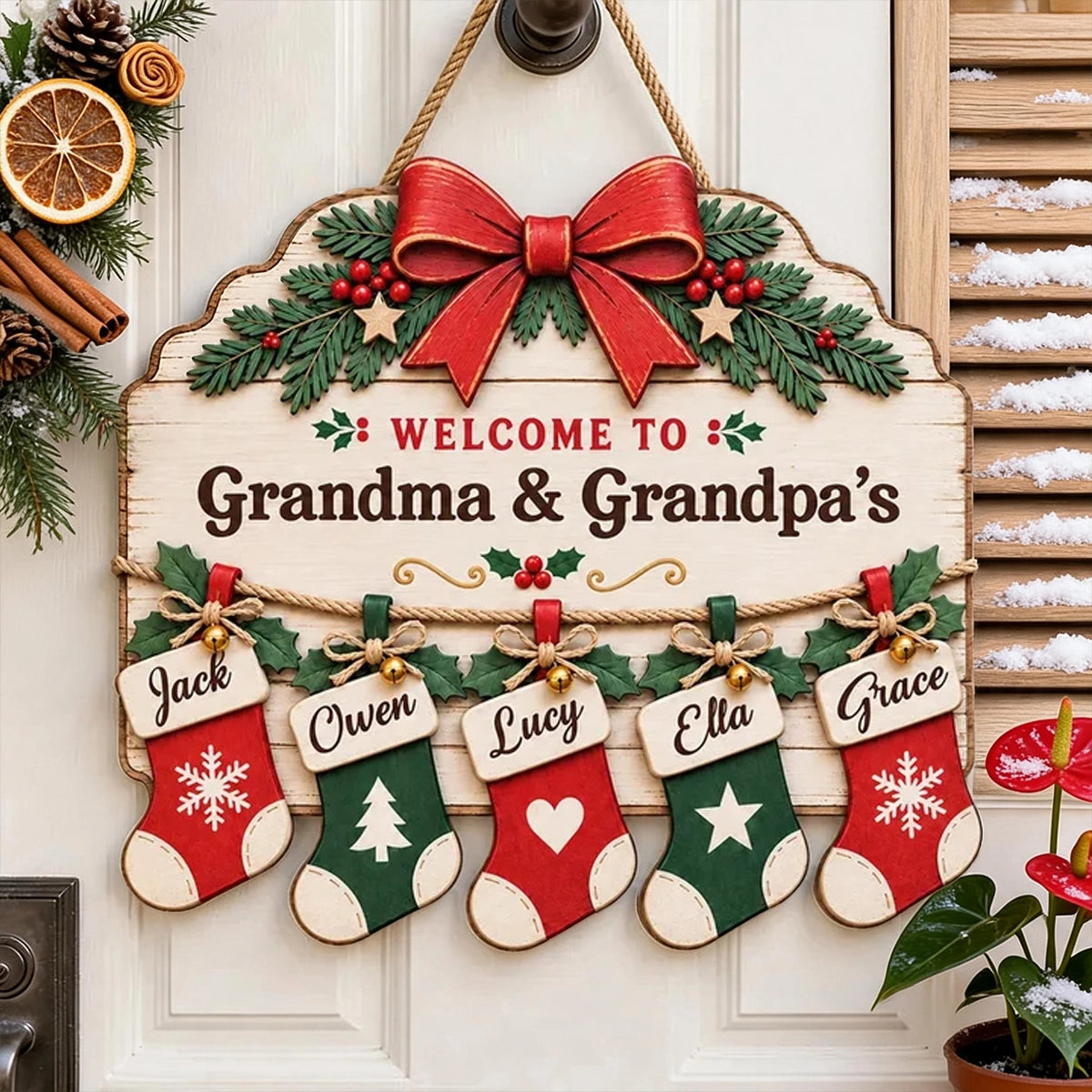 Personalized Wooden Sign with Family Stockings, Rustic Christmas Decor, Unique Gift for Grandparents