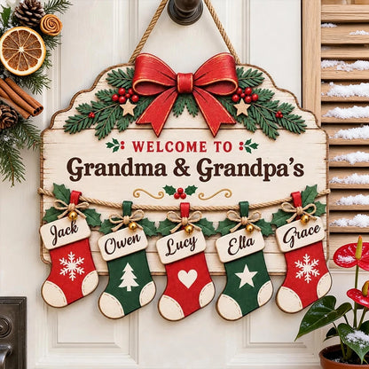 Personalized Wooden Sign with Family Stockings, Rustic Christmas Decor, Unique Gift for Grandparents