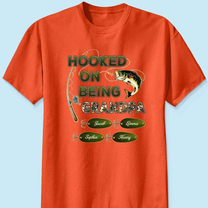 "Personalized Grandpa Fishing T-Shirt/Hoodie - Hooked on Being Grandpa - Ideal Father's Day or Birthday Gift"