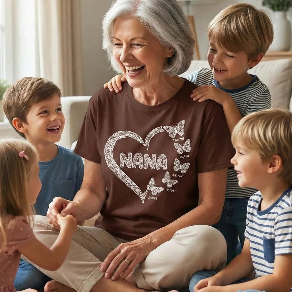Personalized Classic Tee for Grandma, Lace Heart Nana Butterfly Design, Unique Custom Gift for Mother's Day