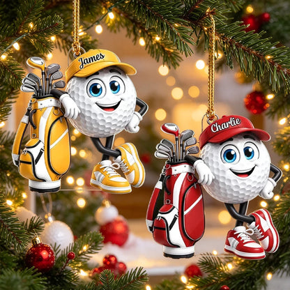 Personalized Acrylic Ornament, Smiling Golf Ball Leaning on Golf Bag, Unique Christmas Gift for Golfers